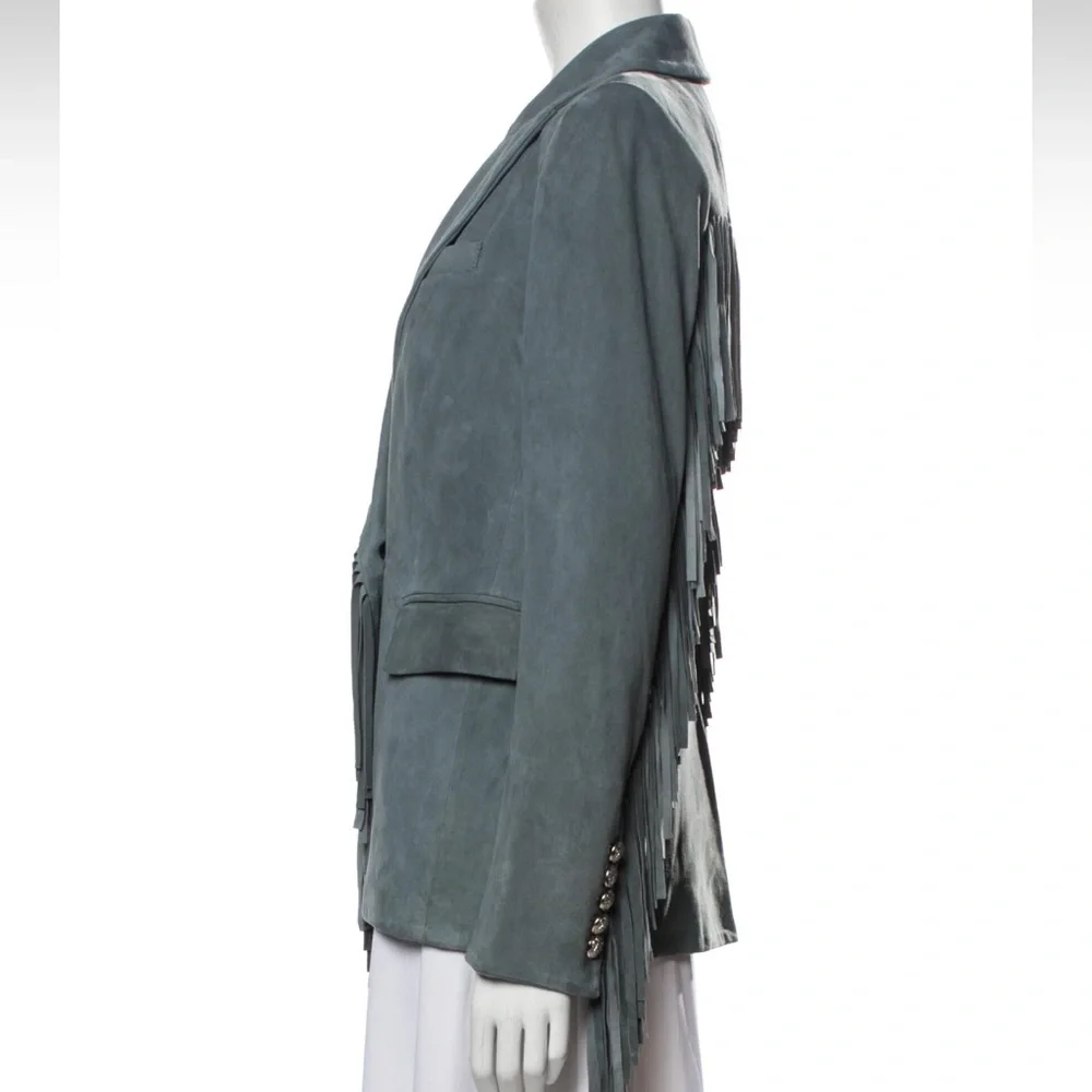 SOLD Veronica Beard XS Leather Suede Fringe Dickey Jacket Blazer Coat Green Grey - Picture 7 of 14
